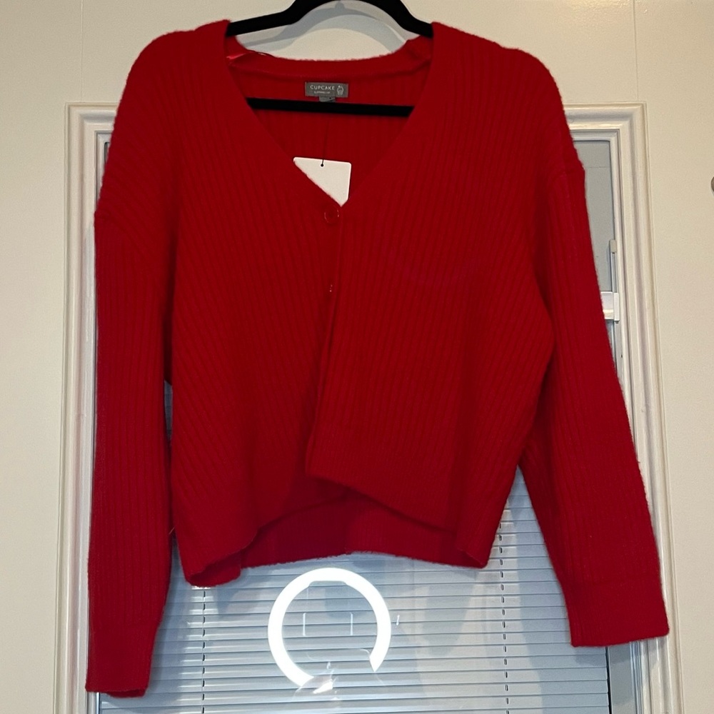 NWT Large Red Women’s Cupcake Four-button Sweater